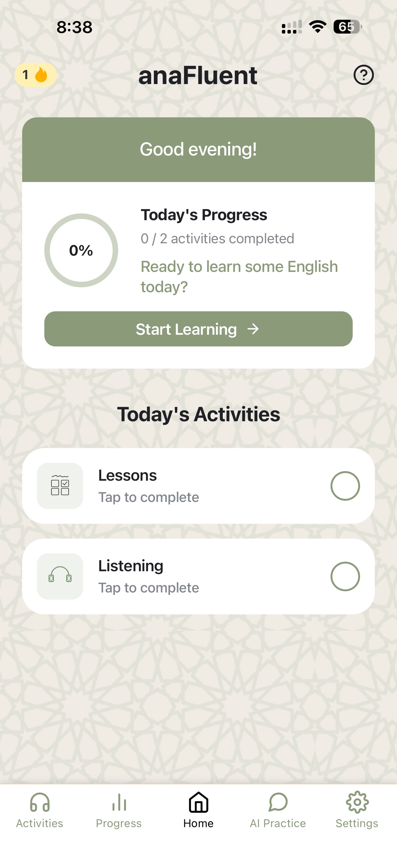 anaFluent app screenshot showing daily activities