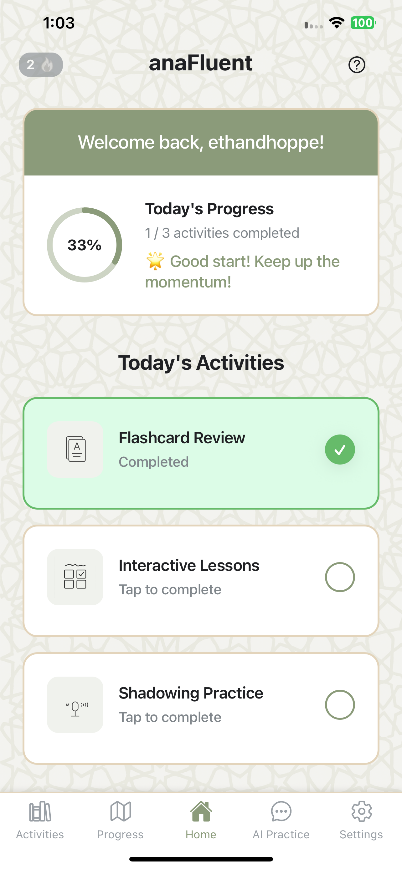 anaFluent app screenshot showing daily activities